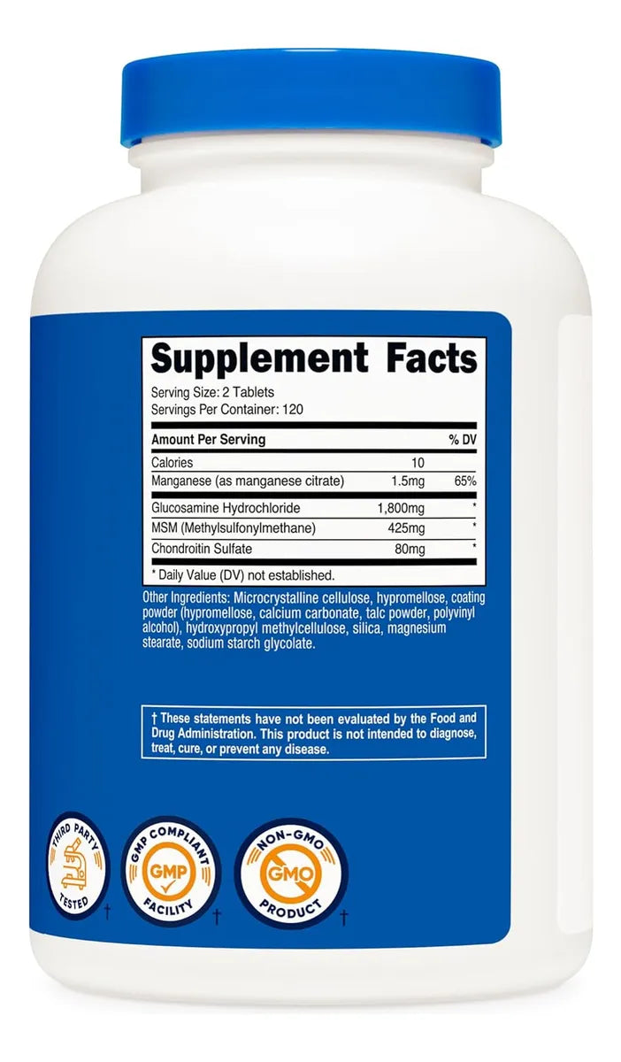 Glucosamina 1800mg + Condroitina + MSM | 240 Tabletas | Suplemento para Articulaciones – Nutricost®