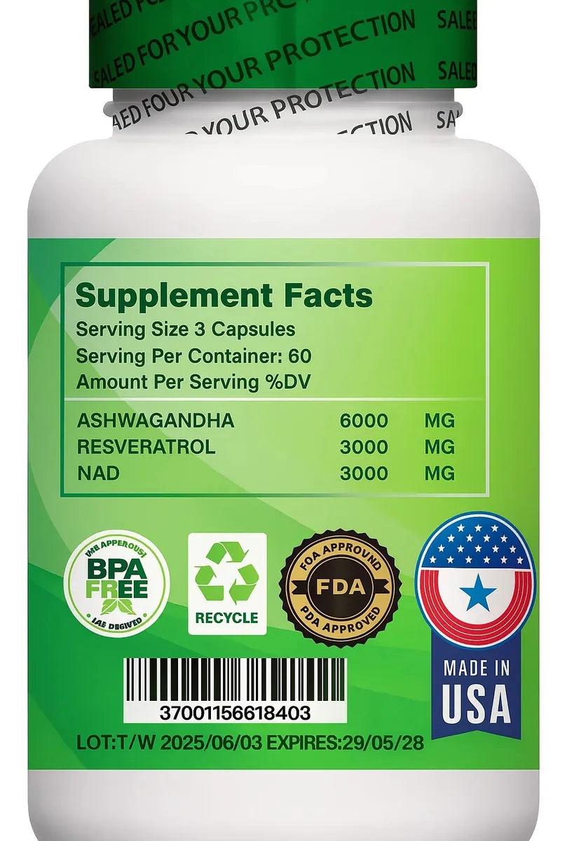 Ashwagandha 6000 + Resveratrol 3000 (antioxidante y energía)